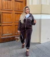 Спортивный костюм-двойка женский из велюра с капюшоном и прострочкой осенний