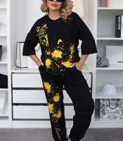 Костюм-двойка женский из турецкого кулира с кофтой и брюками с ярким принтом осенний