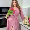 Женский халат из Армани шёлка розовый с поясом и пуговицами до колена осенний  k-123421