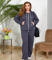 Спортивный костюм женский из двунитки графитовый двойка с кофтой на молнии и капюшоном и прямыми брюками осенний