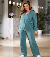 Спортивный костюм женский из двунитки зелёный двойка с капюшоном кофтой на молнии и прямыми брюками осенний