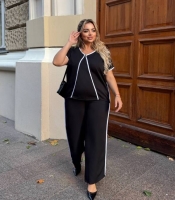 Костюм-двойка женский из креп-костюмки с кантами блуза и брюки с карманами осенний