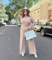 Костюм-двойка женский из трикотажа рубчик с лонгсливом и широкими брюками осенний