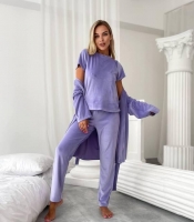 Домашний комплект-тройка женский из трикотажного велюра футболка брюки и накидка осенний