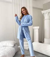 Домашний комплект-тройка женский из трикотажного велюра кофта с поясом брюки и накидка осенний