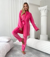 Домашний комплект-тройка женский из трикотажного велюра кофта с поясом брюки и накидка осенний