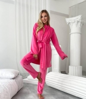 Домашний комплект-тройка женский из трикотажного велюра кофта с поясом брюки и накидка осенний