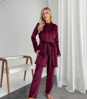 Домашний комплект-тройка женский из трикотажного велюра кофта с поясом брюки и накидка осенний