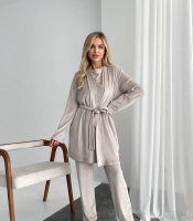 Домашний комплект-тройка женский из трикотажного велюра кофта с поясом брюки и накидка осенний