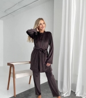 Домашний комплект-тройка женский из трикотажного велюра кофта с поясом брюки и накидка осенний