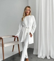 Домашний комплект-тройка женский из трикотажного велюра кофта с поясом брюки и накидка осенний