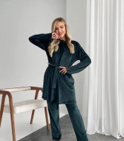 Домашний комплект-тройка женский из трикотажного велюра кофта с поясом брюки и накидка осенний