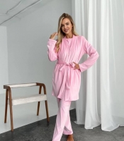 Домашний комплект-тройка женский из трикотажного велюра кофта с поясом брюки и накидка осенний