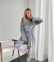 Домашний комплект-тройка женский из трикотажного велюра кофта с поясом брюки и накидка осенний