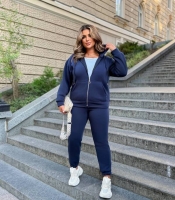 Спортивный костюм-двойка женский из теплой трехнитки хб стрейч на флисе кофта на молнии с капюшоном и брюки осенний