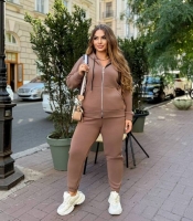 Спортивный костюм-двойка женский из теплой трехнитки хб стрейч на флисе кофта на молнии с капюшоном и брюки осенний