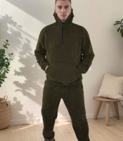 Костюм спортивный мужской утеплённый из двустороннего флиса кофта с капюшоном и карманом кенгуру и прямые брюки осенний
