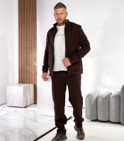 Костюм спортивный мужской утеплённый из трёхнитки на флисе кофта на молнии с высоким воротником и прямые брюки коричневый осенний