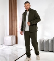 Костюм спортивный мужской утеплённый из трёхнитки на флисе кофта на молнии с высоким воротником и прямые брюки хаки осенний