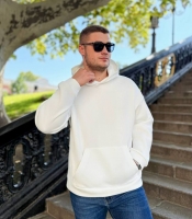Худи мужское трёхнитка на флисе с капюшоном и карманом-кенгуру осеннее белое