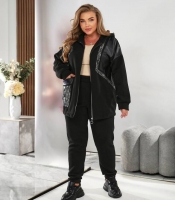 Спортивный костюм женский утепленный из трехнитки на флисе с вставками из эко-кожи осенний