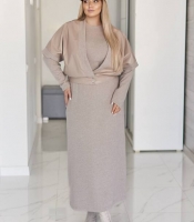 Комплект-двойка женский бежевый из ангора-рубчика и экокожи: платье и жилетка осенний