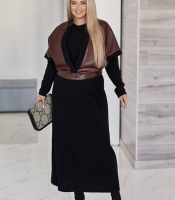 Комплект-двойка женский чёрный+шоколад из ангора-рубчика и экокожи: платье и жилетка осенний