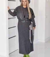 Комплект-двойка женский графитовый из ангора-рубчика и экокожи: платье и жилетка осенний