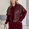 Комплект-двойка женский бордовый из ангора-рубчика и экокожи: платье и жилетка осенний  k-123982