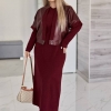 Комплект-двойка женский бордовый из ангора-рубчика и экокожи: платье и жилетка осенний  k-123982