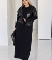 Комплект-двойка женский чёрный из ангора-рубчика и экокожи: платье и жилетка осенний