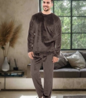 Пижама мужская из мягкого двустороннего плюша коричневая с эластичным поясом осенняя