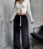 Брюки женские велюровые свободного кроя с высокой посадкой осенние