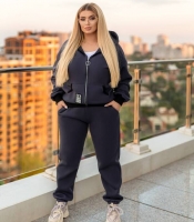 Спортивный костюм женский темно-синий из трехнитки на флисе с вставками из экокожи с худи на молнии и брюками осенний
