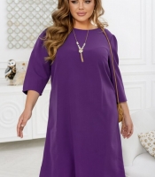 Платье женское свободного кроя фиолетовое с рукавом 3/4 и украшением элегантное осеннее