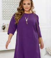 Платье женское свободного кроя фиолетовое с рукавом 3/4 и украшением элегантное осеннее