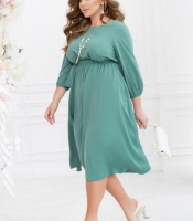 Платье женское миди с отрезной талией и поясом зеленое с рукавом 7/8 элегантное осеннее