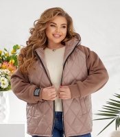 Куртка женская комбинированная утепленная с капюшоном и стеганым фасоном осенне-весенняя