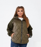 Куртка женская комбинированная утепленная с капюшоном и стеганым фасоном осенне-весенняя