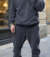 Костюм-двойка мужской спортивный утепленный из флиса с капюшоном и карманом кенгуру осенний