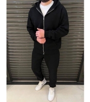 Спортивный костюм мужской утеплённый двойка худи на молнии с капюшоном и брюки из трехнитки на флисе чёрный осенний