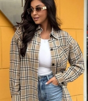 Рубашка женская удлинённая свободного кроя из фланели в песочную клетку осенняя