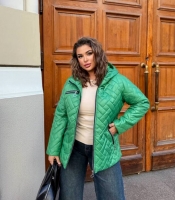 Куртка женская зеленая стеганая с капюшоном из плащевки лаке утепленная силикон на подкладке осенняя