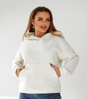 Худи женское из флиса полар молочное с капюшоном и карманом-кенгуру осеннее