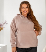 Худи женское из флиса полар бежевое с капюшоном и карманом-кенгуру осеннее
