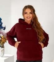 Худи женское из флиса полар бордовое с капюшоном и карманом-кенгуру осеннее