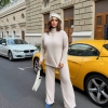 Костюм-двойка женский трикотажный из рубчика бежевый с прямыми брюками и кофтой осенний  k-124205