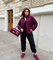 Спортивный костюм женский флисовый двойка бордовый с кофтой на молнии и черными брюками осенний