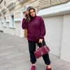 Спортивный костюм женский флисовый двойка бордовый с кофтой на молнии и черными брюками осенний  k-124209
