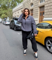 Спортивный костюм женский флисовый двойка с кофтой на молнии и брюками графитовый осенний